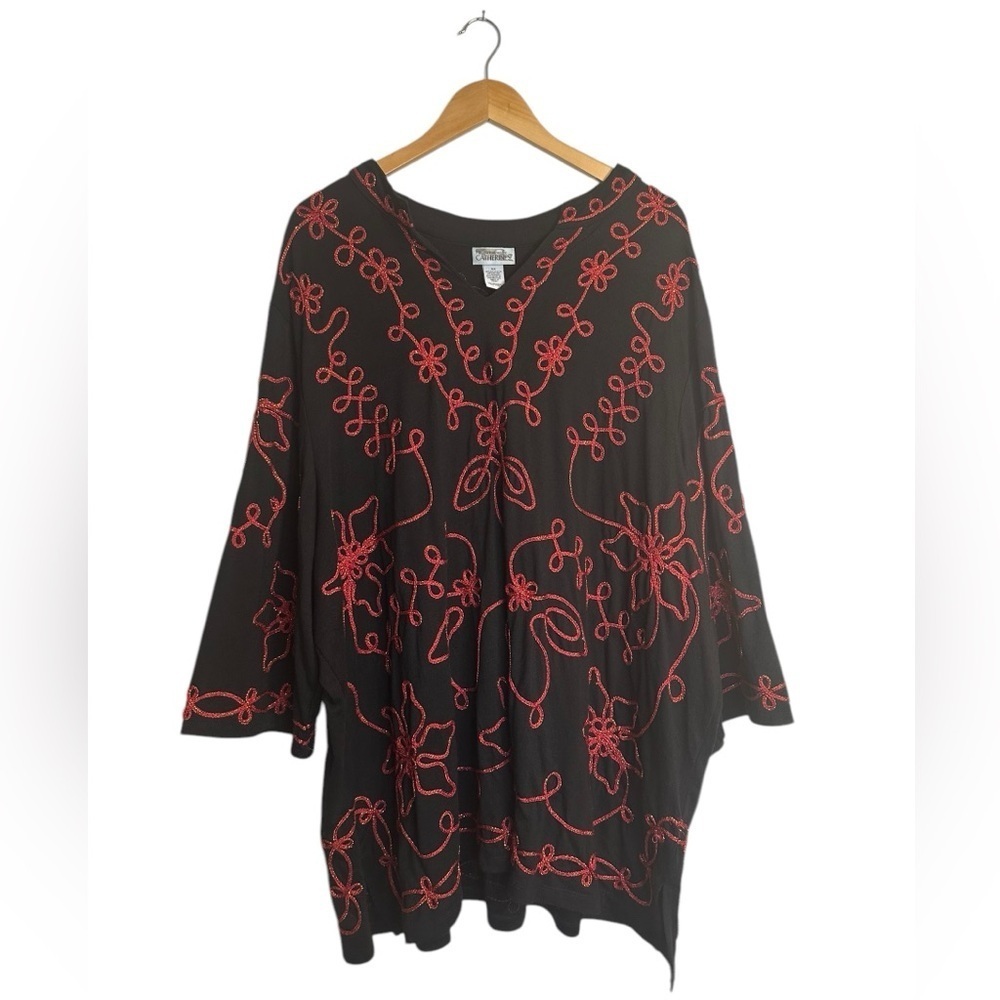 Womens Black Red Floral Embroidered Tunic Top | Sparkly Holiday Christmas Sz 4X